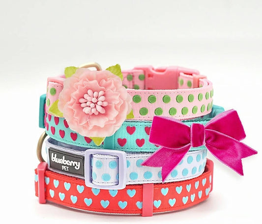 4 Patterns Adjustable Flocking Dog Collar with Artificial Silk Flower - Polka Dot in Baby Pink, Large, Neck 18"-26"
