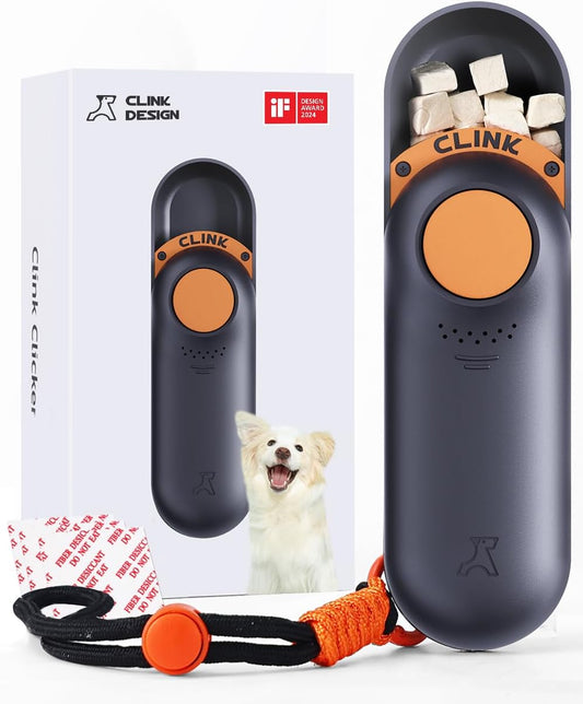 2-In-1 Puppy Essentials Dog Treat Carrier & Training Clicker, Durable Dual Use Dog Stuff for Pet Training, Food Grade Material, Lightweight, Innovative Desiccant Compartment, Black