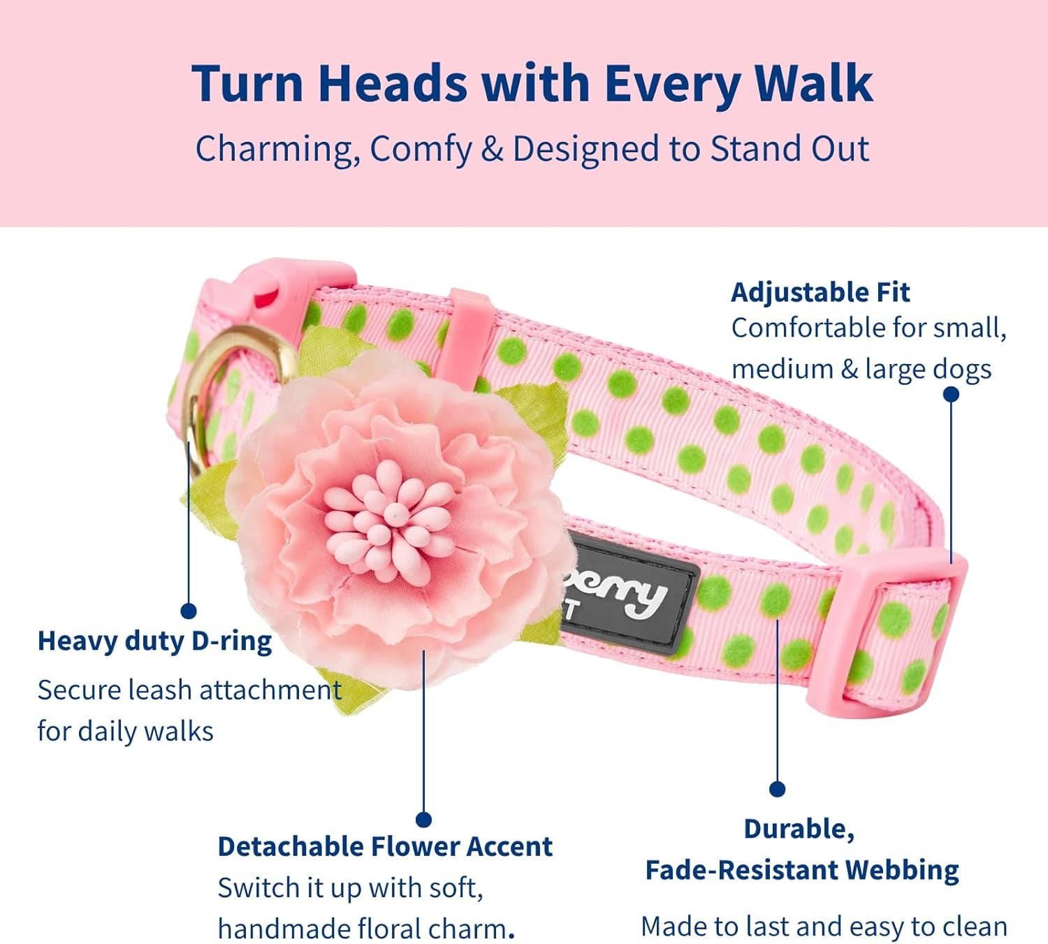 4 Patterns Adjustable Flocking Dog Collar with Artificial Silk Flower - Polka Dot in Baby Pink, Large, Neck 18"-26"