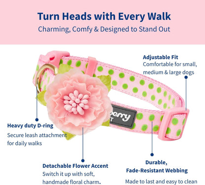 4 Patterns Adjustable Flocking Dog Collar with Artificial Silk Flower - Polka Dot in Baby Pink, Large, Neck 18"-26"